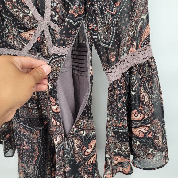 Free People Paisley Kimono Smocked Moonlight Bay Dress Mesh Belle Sleeve 2 Women - Picture 7 of 15